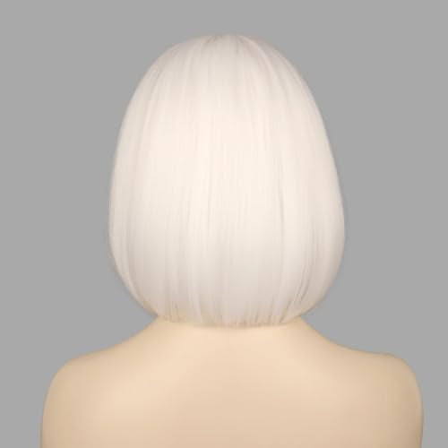 12 Inch White Synthetic Bob Wig with Bangs for Women, Short Straight Hair for Halloween & Parties