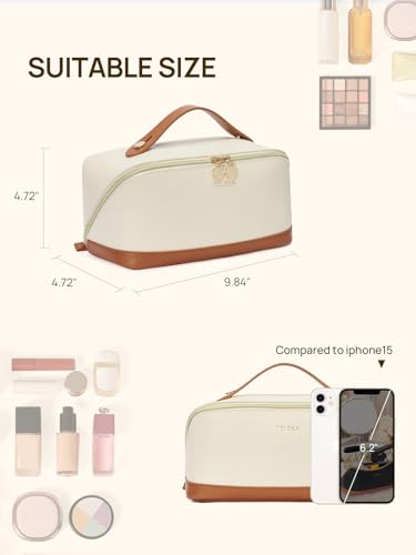 Telena Beige Leather Makeup Bag - Waterproof Travel Cosmetic Organizer with Handle & Divider