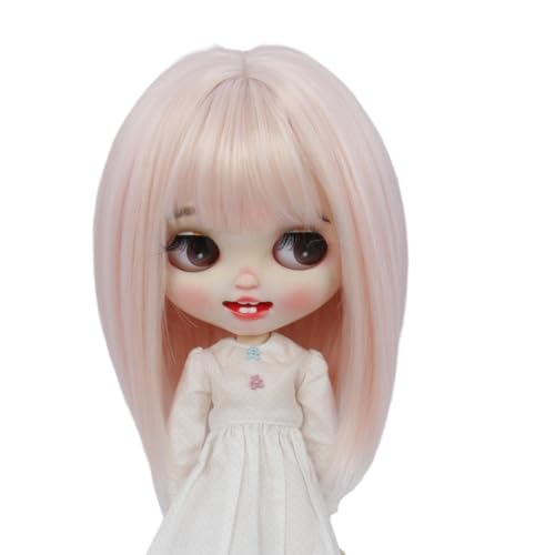 Tzncos Light Pink Short Straight Doll Wig for 10-11 Inch Blyth & Amydoll, Styling Ready