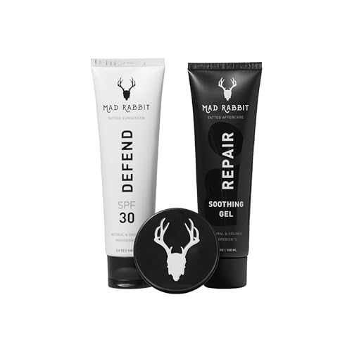 Mad Rabbit Tattoo Care Bundle Kit (3-Piece) Repair Soothing Gel, Enhance Balm & Defend SPF 30 Sunscreen - Full Coverage Tattoo Care Kit for New & Current Tattoos