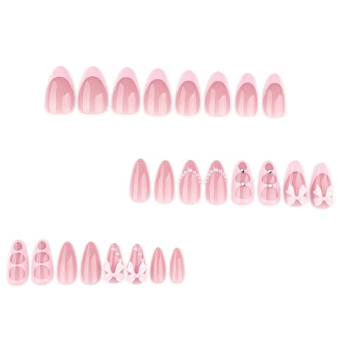 BSBTBZ 24Pcs Pink French Tip Press-On Nails with Pearls & Rhinestones, Medium Almond, Bow Style 2