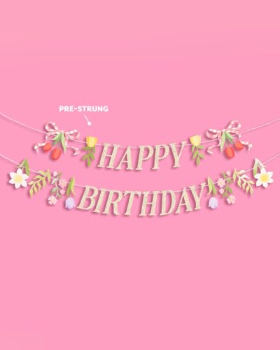Floral Happy Birthday Banner | Garden Party Decor with Gold Glitter