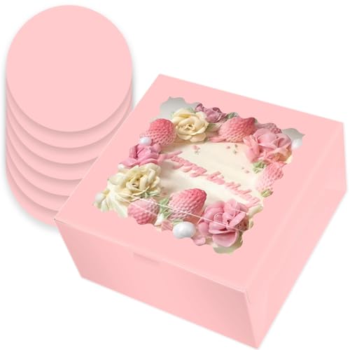 Pink Cake Box Set with Window & 10" Round Cake Boards - 8pcs