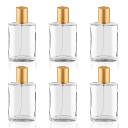 DynnnDy 50ml Clear Glass Spray Bottles with Gold Caps - Fine Mist for Essential Oils & Toners