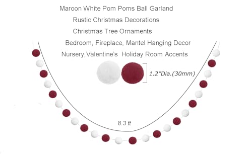 Maroon and White Pom Pom Garland - Set of 2, 8.3 ft Felt Ball Decorations
