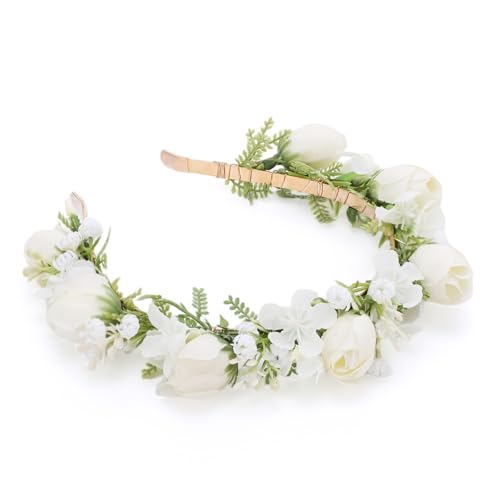 White Flower Crown Headband - Boho Rose Floral Hairpiece