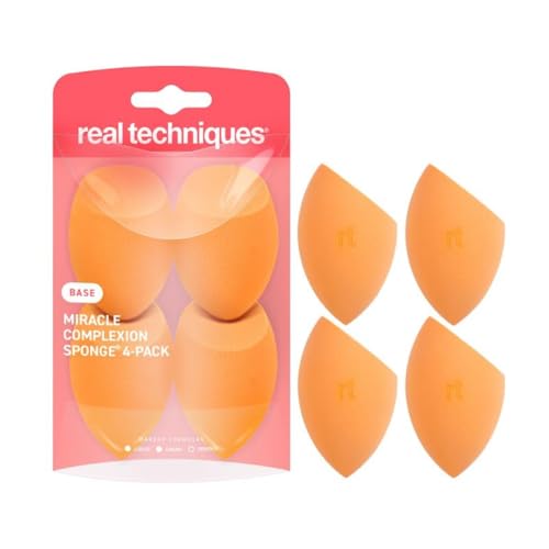Real Techniques Miracle Complexion Sponge 4 Pack, Makeup Blending Sponges For Liquid & Cream Foundation & Skin Tints, Buildable Coverage, Natural, Dewy Base, Cruelty- Free, Latex-Free Foam