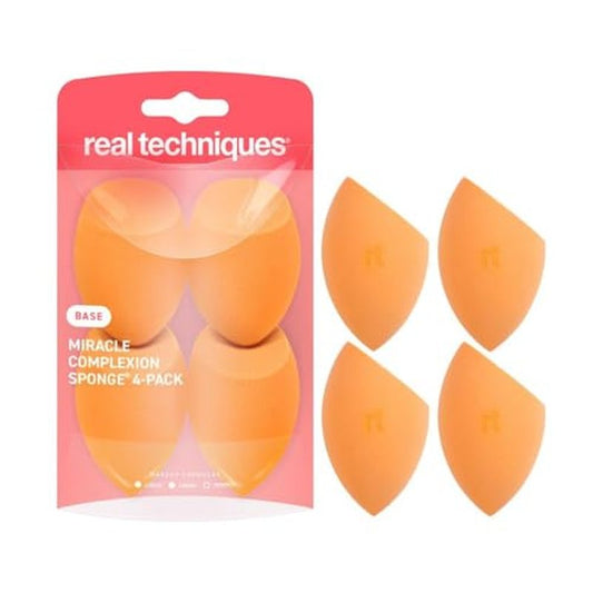 Real Techniques Miracle Complexion Sponge 4 Pack, Makeup Blending Sponges For Liquid & Cream Foundation & Skin Tints, Buildable Coverage, Natural, Dewy Base, Cruelty- Free, Latex-Free Foam