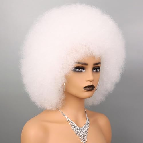 White Afro Wig for Women - Glueless 70s Afro Puff Curly Wig