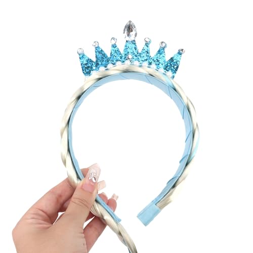 Blue Braided Costume Headband with Crown, Long Blonde Braid Hair Accessory