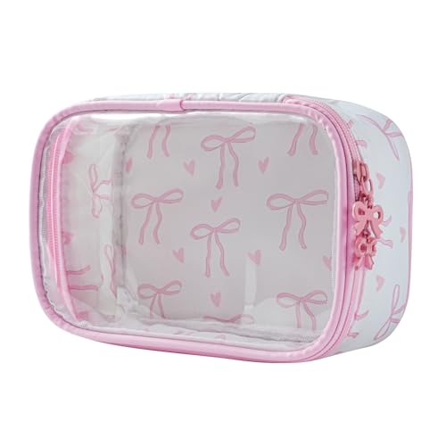 RSRSLEII Pink Clear Makeup Bag with Bow Pattern - Small Travel Cosmetic Organizer