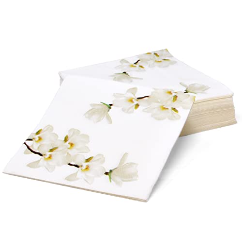 Magnolia Cocktail Napkins - White Floral Disposable Paper Napkins for Events