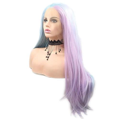 Serenewig Half Blue Half Purple Long Straight Synthetic Lace Front Wig for Women & Cosplay