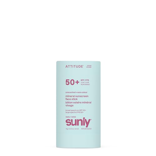 ATTITUDE Baby Mineral Sunscreen Face Stick SPF 50, Non-Nano Zinc Oxide