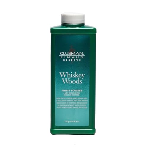 Clubman Reserve Whiskey Woods Finest Powder ? Classic Men¡¯s Body Powder for Men, Moisture & Odor Control, Barbershop Whiskey Wood Scent, 9 oz