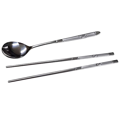 Korean Traditional Stainless Steel Spoon & Chopsticks Set - Silver Turtle