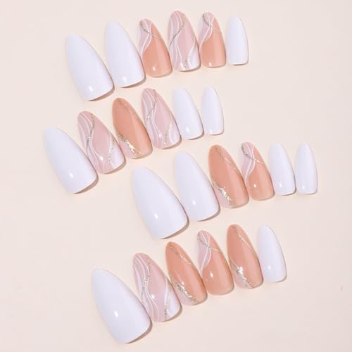 Medium Almond Press-On Nails with Gold Line Design - 24 Pcs