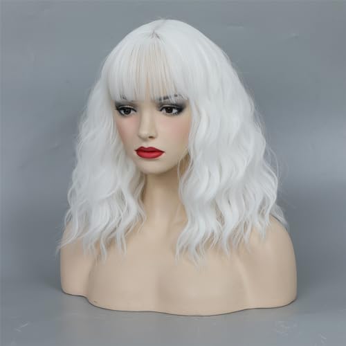 CLIONE White Short Wavy Bob Wig with Bangs for Women & Cosplay - 14 Inch Synthetic Wig
