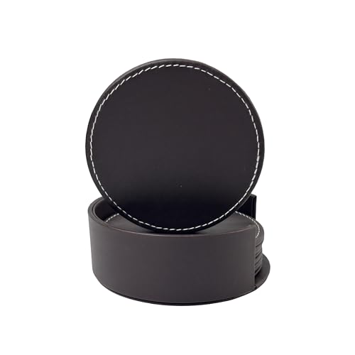 Set of 6 Modern Black PU Leather Coasters - Non-Slip & Waterproof