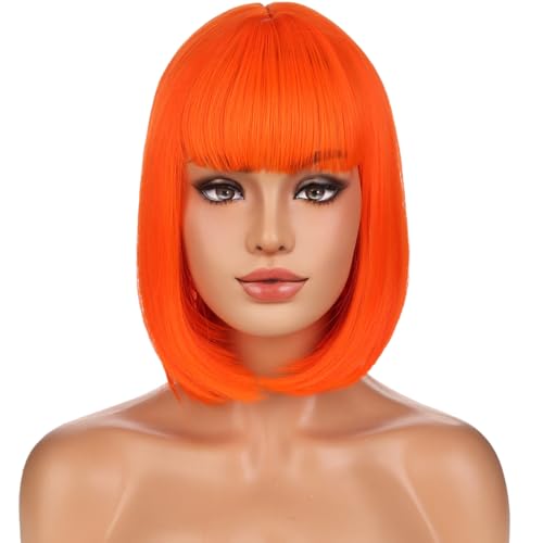 PATTNIUM Bright Orange Bob Wig with Bangs - Heat Resistant Synthetic Hair