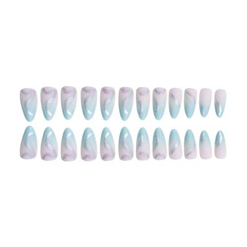 RUOKEXIN Almond Style Press On Nails - Medium Blue Ombre Fake Nails with Silver Ripple Design, 24 Pcs