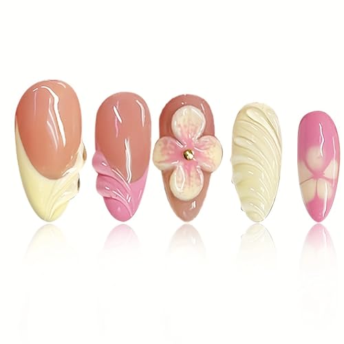 3D Handmade Medium Almond Press On Nails - Spring Floral Design