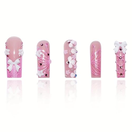 RUOKEXIN Long Square Press On Nails Pink French Tip Glitter Butterfly Design - Model C6C31 - 24 Pcs