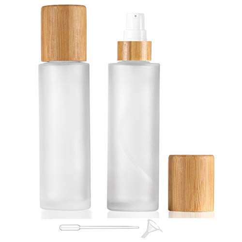 Wresty 100ml Frosted Glass Lotion Bottles with Bamboo Lids - 2 Pack Travel Dispensers