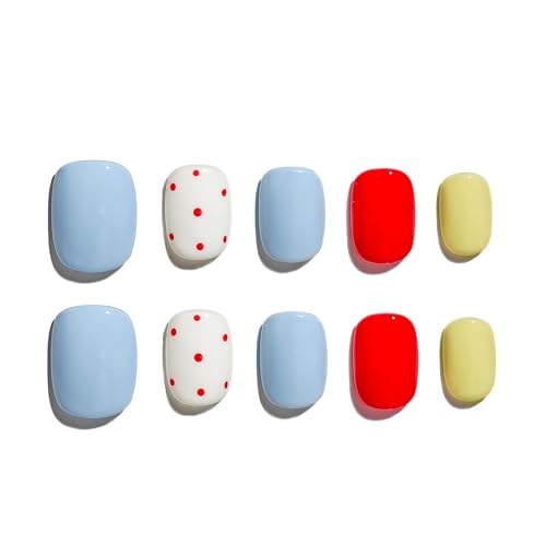 Short Squoval Press-On Nails Set - Blue Polka Dot #177 M