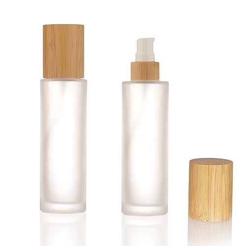 COSIDEA 100ml Bamboo Lid Frosted Glass Lotion Pump Bottles - 4 Pack