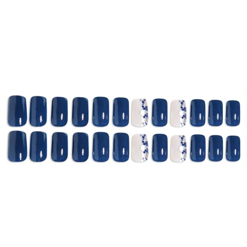 ZWENJIE Style-01 Short Square Blue Press-On Nails with Glitter Silver Rhombus Design 24Pcs