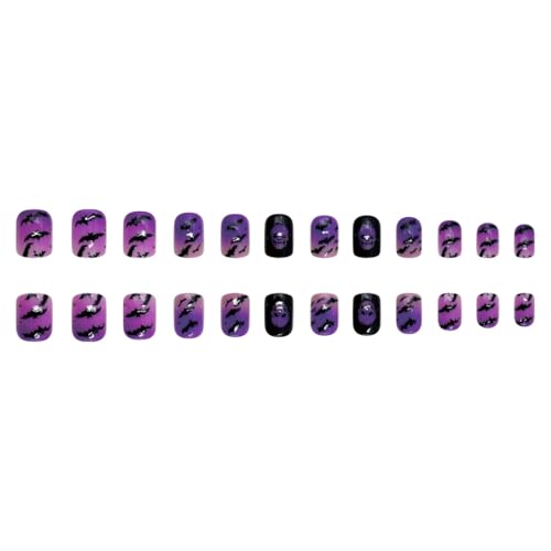 Tyemp WS02 Halloween Short Square Fake Nails with Skull & Bat Design, 24Pcs