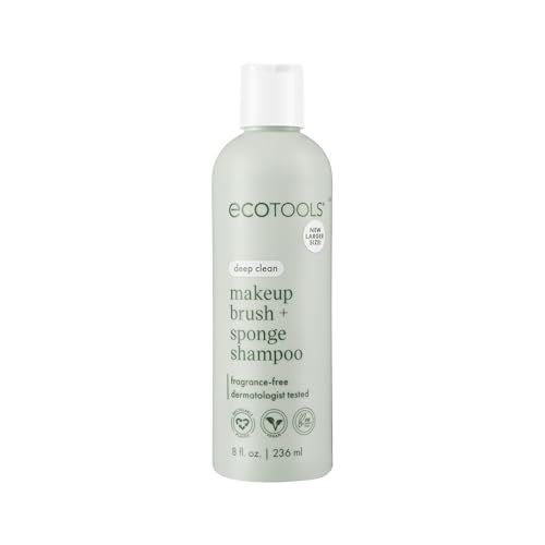 EcoTools Makeup Brush + Sponge Shampoo, Remove Makeup & Impurities From Tools, Sponges, & Puffs, Fragrance-Free Brush Cleanser, No Harsh Chemicals, Vegan, & Cruelty-Free, 8 fl. oz./236 ml. Bottle