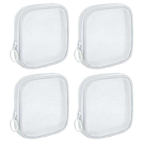 Mini Zipper Nylon Mesh Pouches - 4 Pack Cosmetic Bags (White, S)
