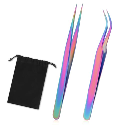 Eyelash Extension Tweezers Set - 2pcs Stainless Steel Curved & Straight Tips