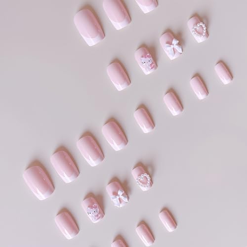 Pink 8 Pcs French Tip Press-On Nails Short Square Fake Nails with Pearls & Bows for Women