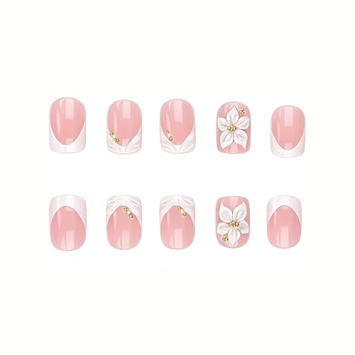 24Pcs White French Tip Press On Nails with 3D Flowers & Rhinestones
