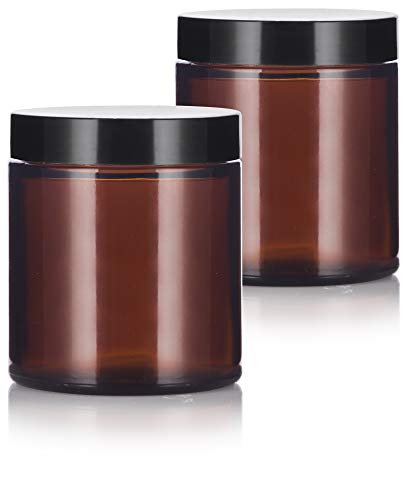 JUVITUS 4 oz Amber Glass Jar with Black Lid - Airtight Cosmetic Container (2 Pack)