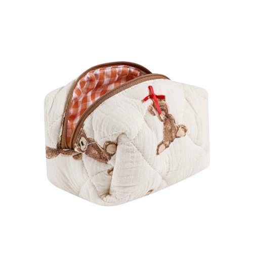 Cute Quilted Cotton Makeup Bag - Small Travel Cosmetic Organizer with Bear & Flower Design
