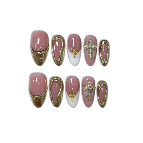 Almond Press On Nails XS - Platinum French 3D Cross Charm