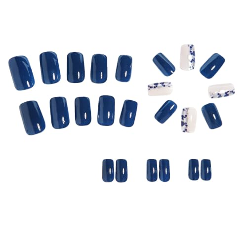 ZWENJIE Style-01 Short Square Blue Press-On Nails with Glitter Silver Rhombus Design 24Pcs