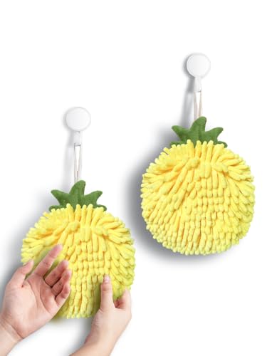 Sophie & Panda Fuzzy Ball Hand Towels Set of 2 - Fruit Themed Microfiber for Kitchen & Bathroom