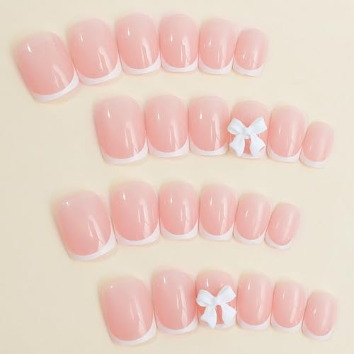 24 Pcs Bow French Tip Press On Nails - Short Square Design