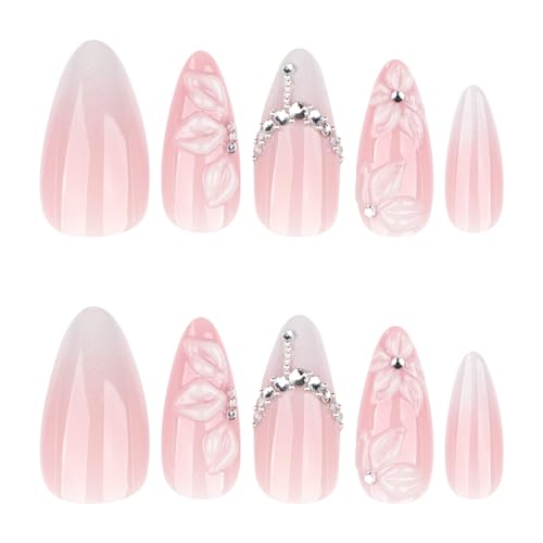 24 Pcs White Almond French Tip Press on Nails with Rhinestones