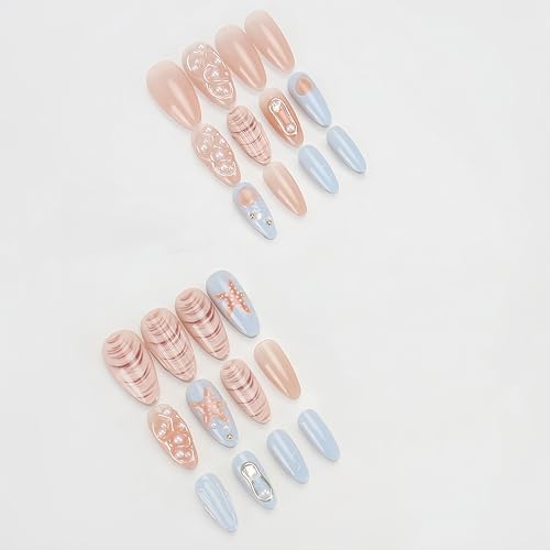 24pcs Almond Shape 3D Seashell Press on Nails - Summer Beach Design