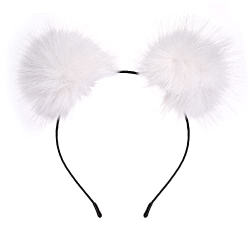 VOGUEKNOCK White Rainbow Fluffy Ball Rabbit Ear Headband