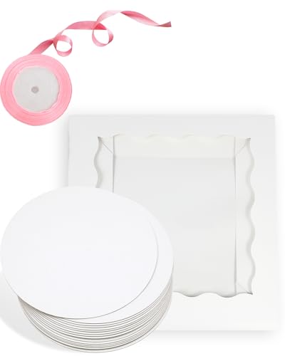 qiqee 10x10x8 White Cake Box Set with 10" Round Boards & Ribbon