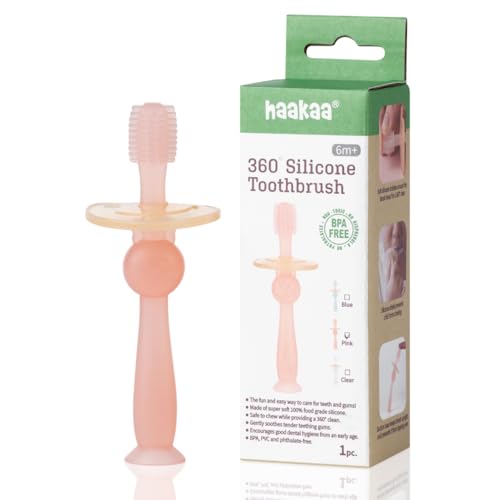 Haakaa 360° Silicone Baby Toothbrush - Soft, BPA-Free, Gum Massager for Infants (Pink)