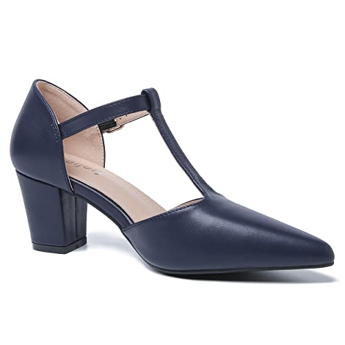 Women's T-Strap Pointed Toe Pumps with Block Heel and Ankle Buckle - Peijely