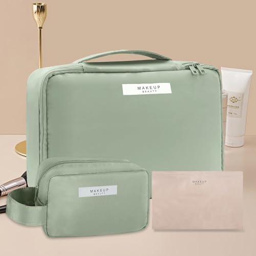 Queboom Travel Makeup Bag Set - Green, 3pcs with Waterproof Lining